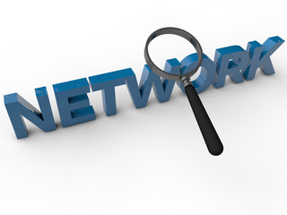 Network - 3D text with magnifier over white background