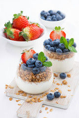 diet dessert with yogurt, muesli and fresh berries, vertical