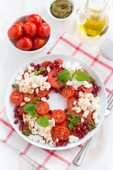 Italian salad with cherry tomatoes, cottage cheese, mint pesto
