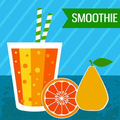 Template with glass, pear and orange in flat style