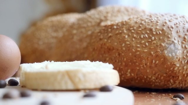 Slowmotion. Healthy breakfast on the table close up with cup of