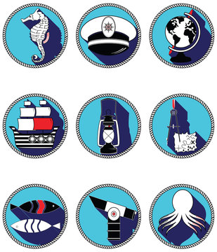 Nautical elements III icons in knotted circle 