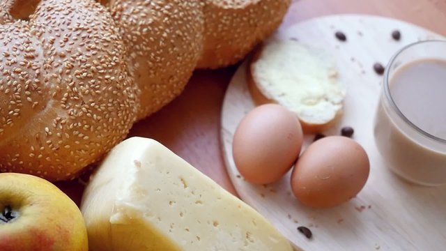 Slowmotion. Healthy breakfast on the table close up 