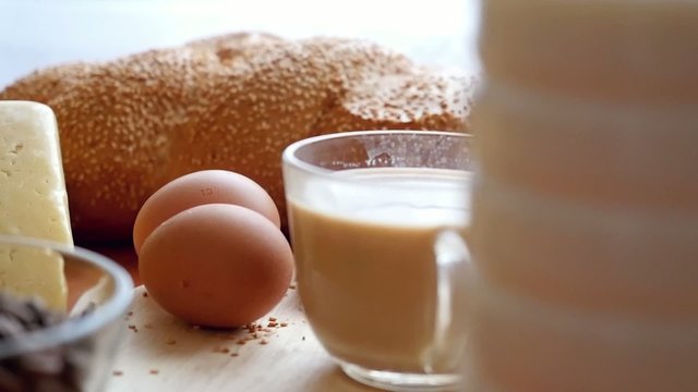 Slowmotion. Healthy breakfast on the table close up 
