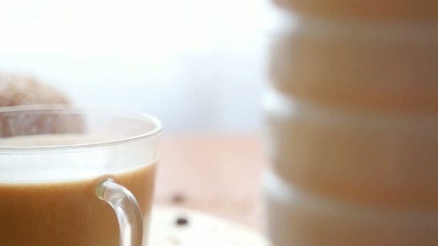 Slowmotion. Healthy breakfast on the table close up 