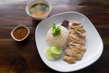 Hainanese Chicken Rice with sauce and soup
