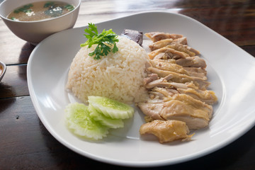 Hainanese Chicken Rice with sauce and soup