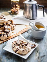 french vanilla meringue with chocolate and caramel, sweet cake,