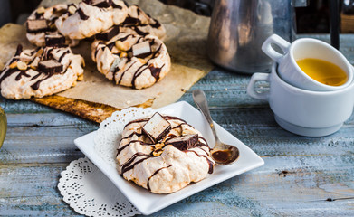 french vanilla meringue with chocolate and caramel, sweet cake,