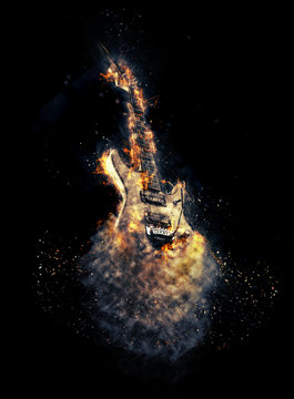 Electric Guitar on fire on Black Background