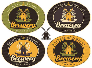 set of labels for beer and the brewery with a mill