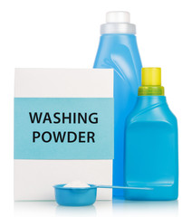 Washing powder and Cleaning items in blue tones