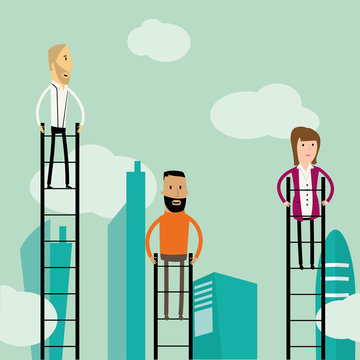 Cartoon hipster business people climbing up ladders