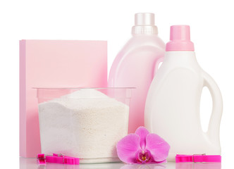 Fototapeta na wymiar Pink washing powder and Cleaning items