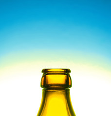 leere Bierflasche vor blauem Hintergrund