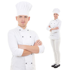 team work concept - woman and man chefs isolated on white