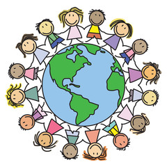 Kids on world - group of children on globe - illustration