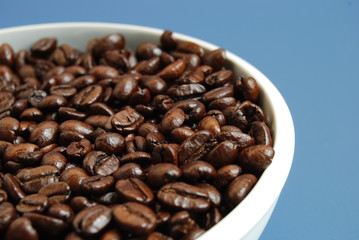 Arabica Coffee Beans in a White Bowl Against Blue Background