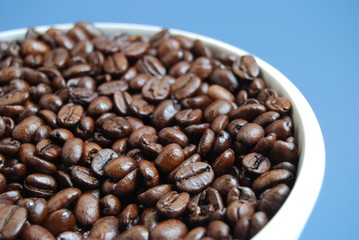 Arabica Coffee Beans in a White Bowl Against Blue Background