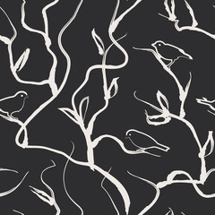 Black and white vector seamless pattern with ink birds