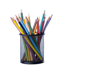 Bunch of color pencils in a stand over the white background