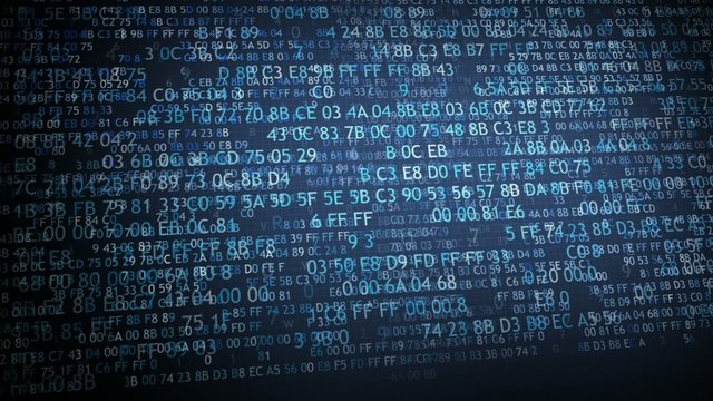 Hexadecimal code running up a computer screen. Blue digits.