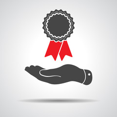 flat hand giving badge with red ribbons icon - vector illustrati