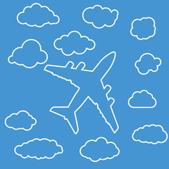 linear airplane with clouds on a blue air background