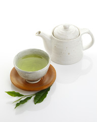 Japanese green tea and fresh green tea leaves