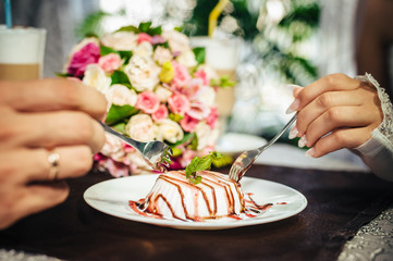 Charming bride and groom on their wedding celebration in a