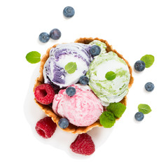 View from above of ice cream in a wafer bowl