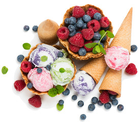  Ice cream and berries in a wafer, view from above