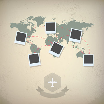 World map with blank photo frames. Traveling concept design