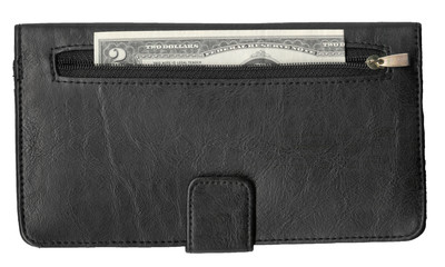 high resolution scan of leather wallet and two dollar bill