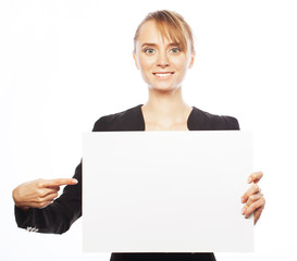 Fototapeta premium young business woman showing blank signboard