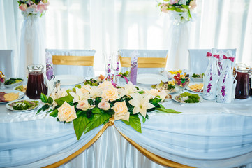 decorated table set for wedding or another catered event dinner