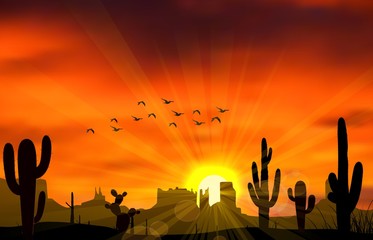 Illustration of cactus tree when the sunset - obrazy, fototapety, plakaty