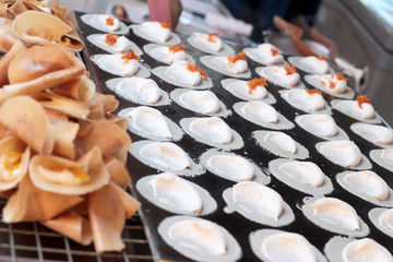 close up of thai crispy pancake - cream crepes