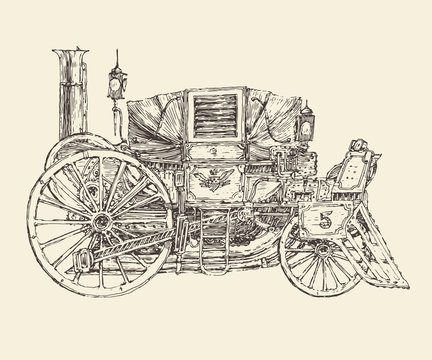 Steam punk carriage, engraved style, vector illustration