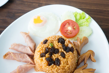 Thai American fire rice on wood table
