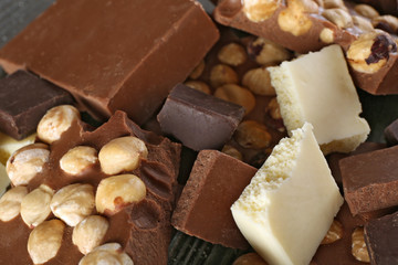 Set of chocolate with hazelnut, closeup
