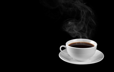 A cup of hot coffee isolated on a black background. steam