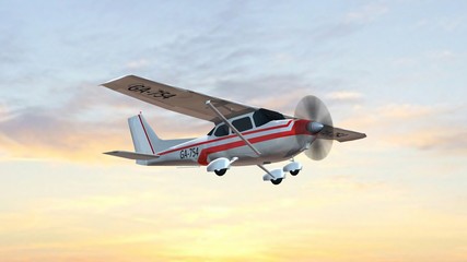 most popular single propeller light aircraft fly in the sunset - obrazy, fototapety, plakaty