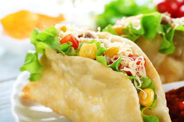 Tasty taco on plate close up