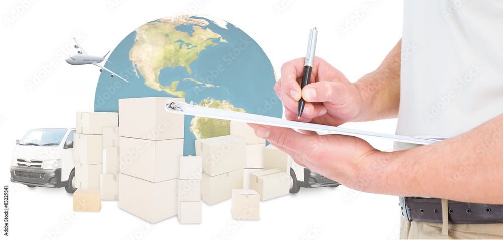 Poster composite image of delivery man writing on clipboard