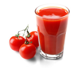 Glass of tomato juice with vegetables isolated on white