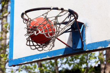 Basketball in hoop close up