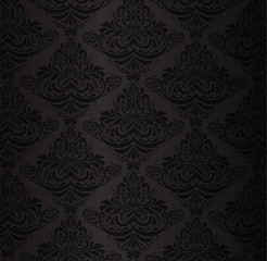 Black damask pattern with vintage floral ornament