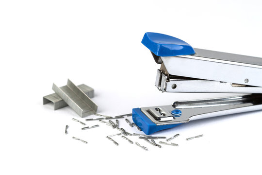 Stapler with staples wires on white background