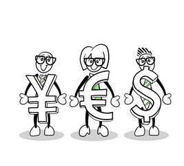 Cute cartoons holding currency symbols